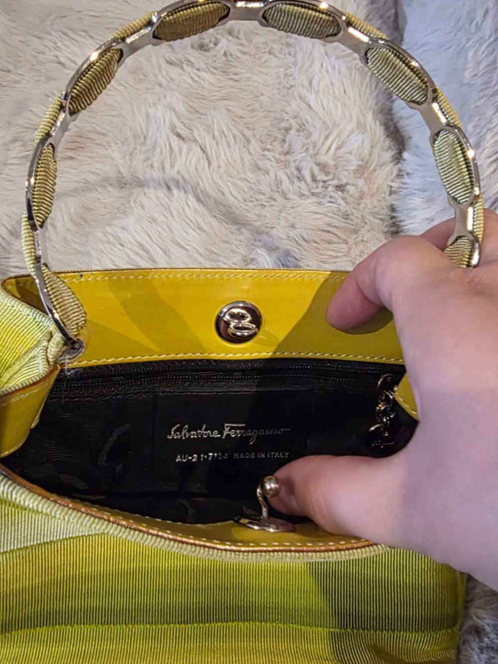Salvatore Ferragamo Yellow Top Handle Bag with Gold Chain Handle